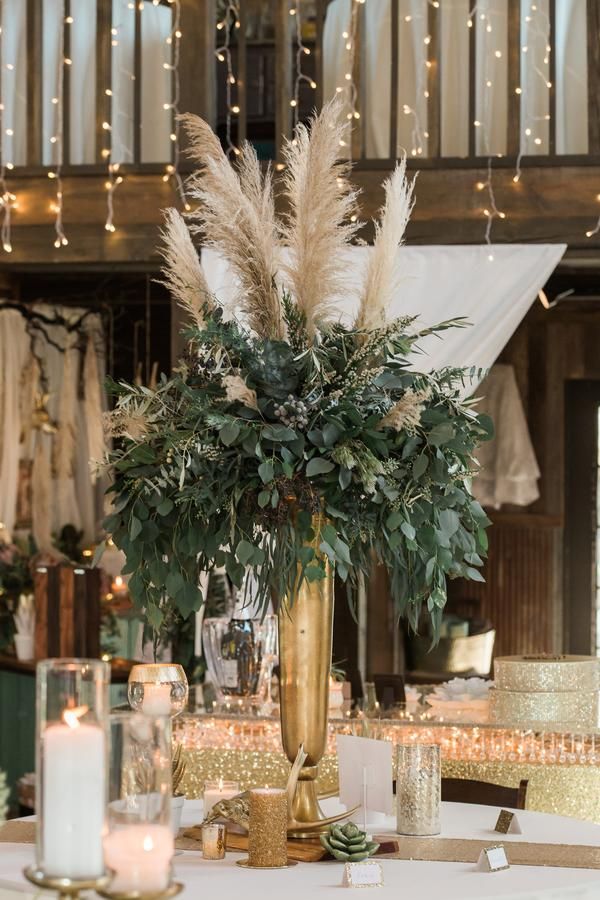 Rustic Glam centerpiece, protea, pampas grass, greenery wedding centerpiece