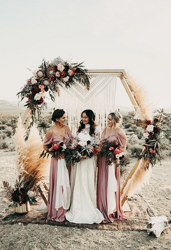 boho burgundy hexagon wedding arch with pampas grass