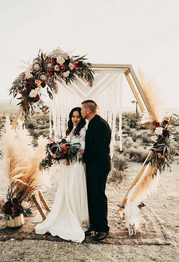 boho hexagon wedding arch with pampas grass