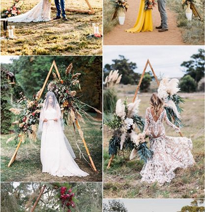boho outdoor triangle wedding backdrop decor ideas