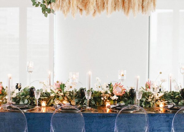 greenery and pampas grass wedding chandelier