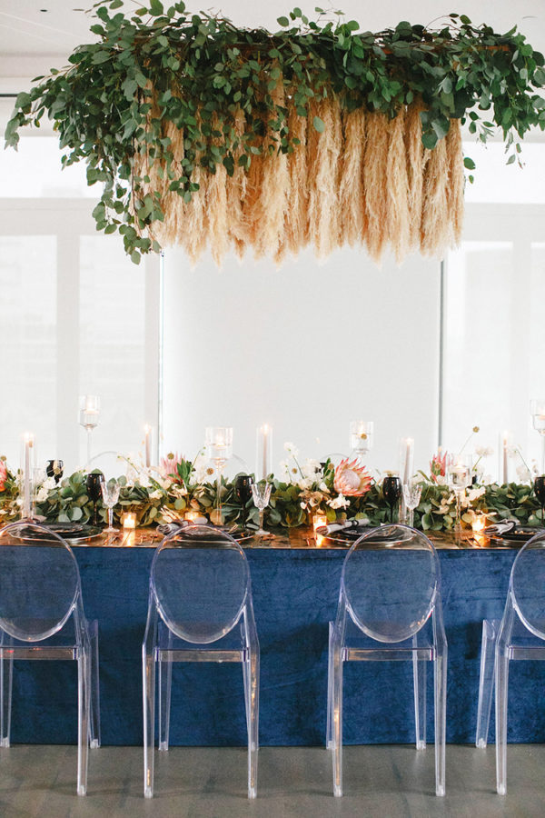 greenery and pampas grass wedding chandelier