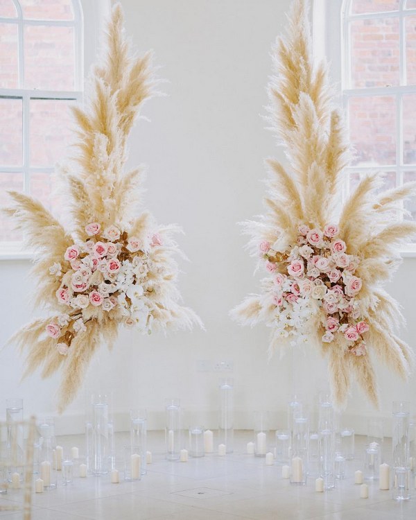 pampas grass and blush pink roses wedding backdrop