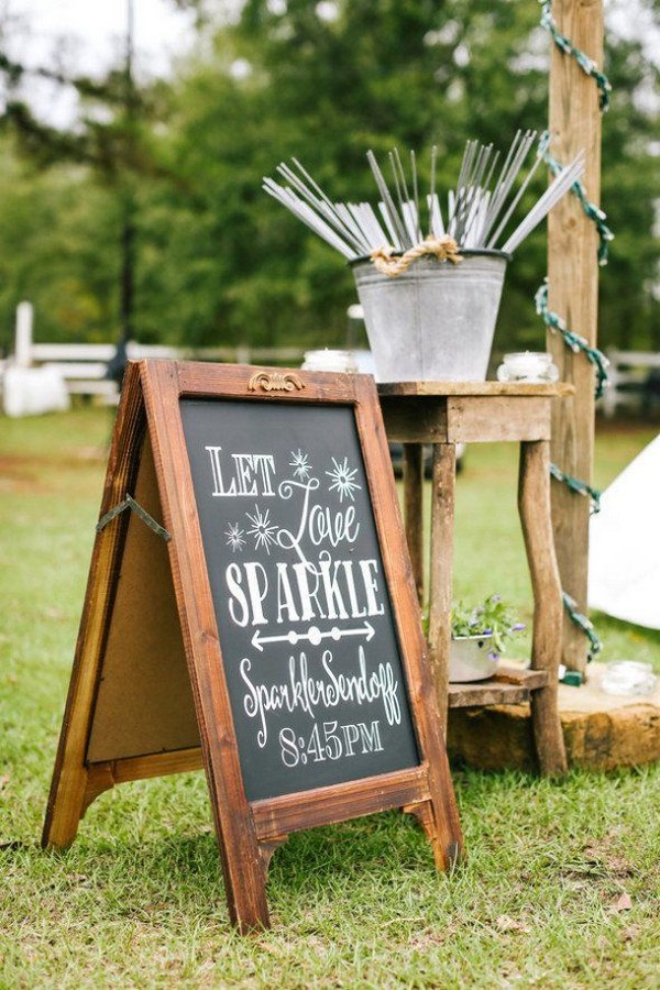 rustic outdoor farm wedding sign and sparkler send off