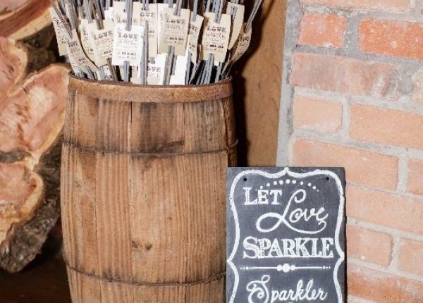 rustic wedding sparkler and wine barrel container