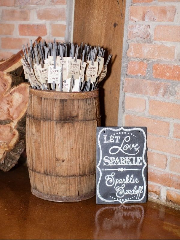 rustic wedding sparkler and wine barrel container