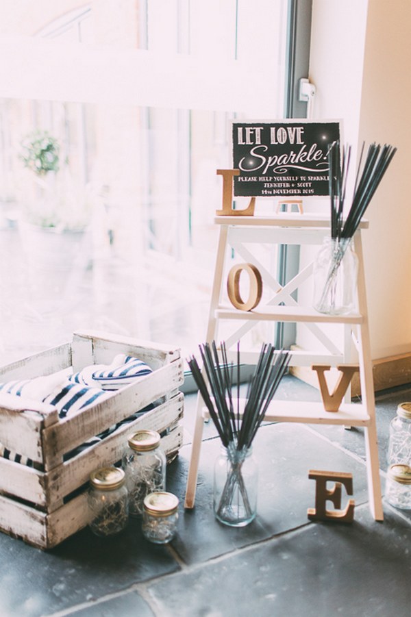 rustic wood crate andmason jar wedding sparkler decor