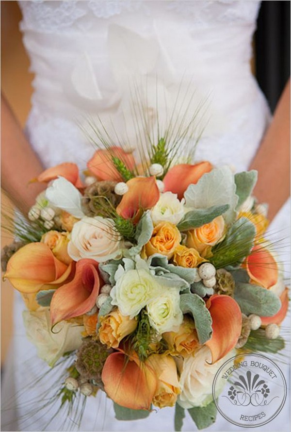 Apricot Wedding Bouquet, calla lilies, wheat grass, ranunculus