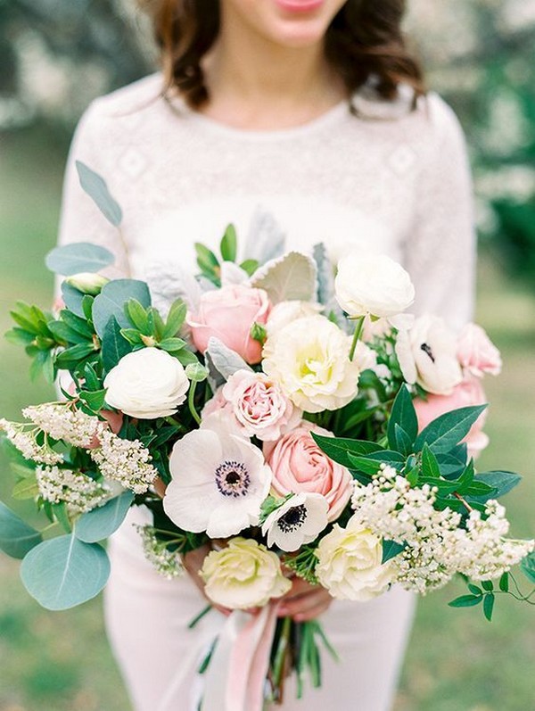 Blush Roses and White Anemone Spring Wedding Bouquet