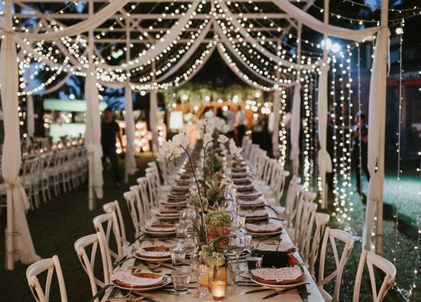 Incredible outdoor wedding reception ideas With hanging string lights