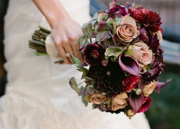 Rich and lush bouquet with burgundy calla lily and dusty roses