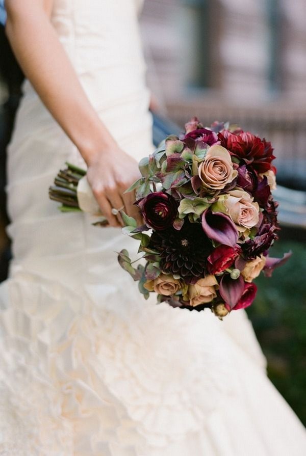 Rich and lush bouquet with burgundy calla lily and dusty roses