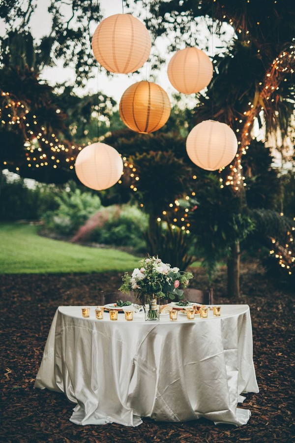 Wedding reception lighting design with paper lantern and stringlights