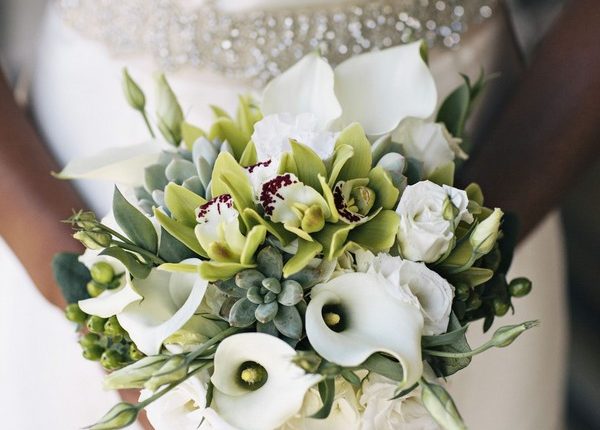 Wedding succulent, orchid and calla lily bouquet
