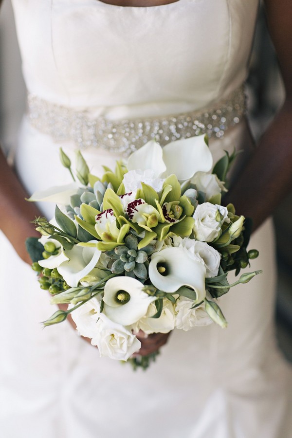 Wedding succulent, orchid and calla lily bouquet