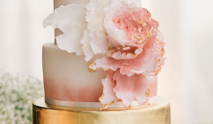blush pink and gold wedding cake