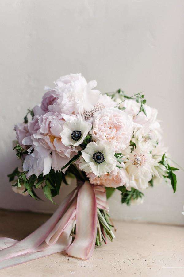 blush pink peoney and white anemone wedding bouquet
