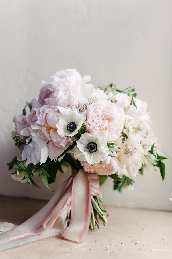 blush pink peoney and white anemone wedding bouquet