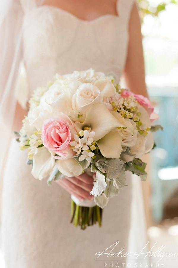 bridal bouquet with roses and calla lilies