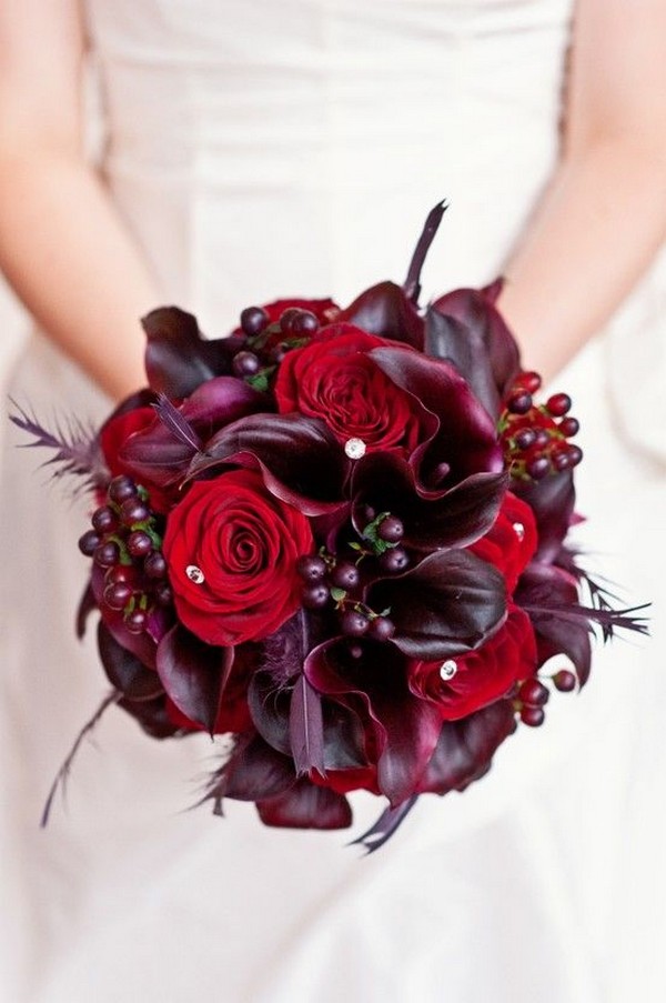 deep red and purple bridal bouquet