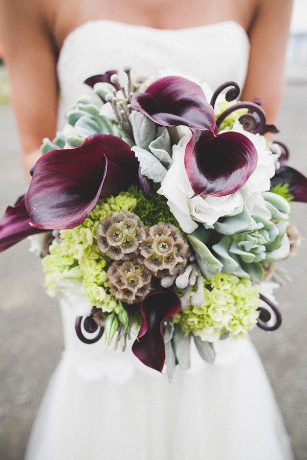 eggplant calla lilies green, champagne wedding bouquet