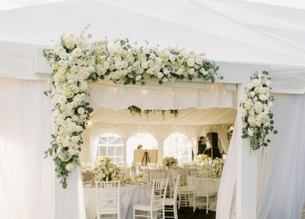 elegant white and greenery tented wedding reception decoration ideas
