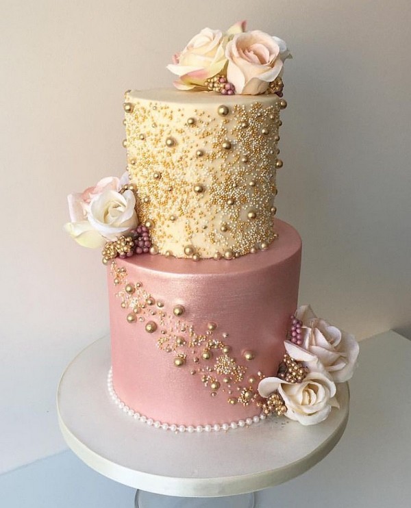 gold and dusty rose wedding cake