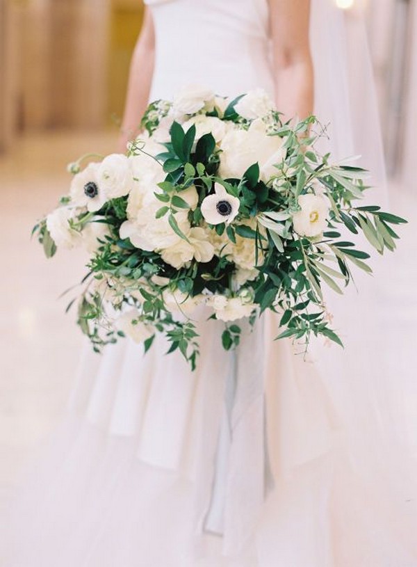 greenery and white anemone raunuculus wedding bouquet
