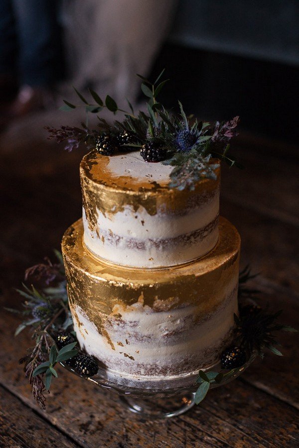 metallic gold wedding cake ideas with greenery