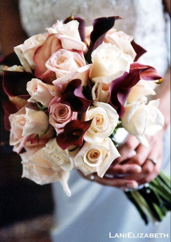 purple calla lily and pink roses wedding bouquet