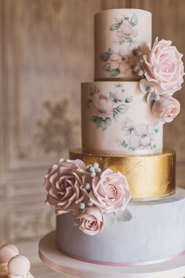quartz and serenity blue gold wedding cake