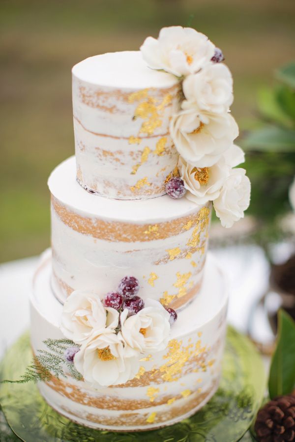 rustic naked gold foil metallic wedding cake