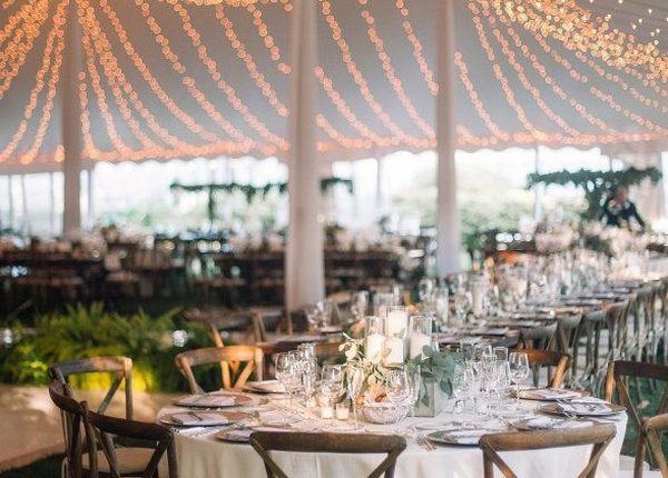 rustic tented wedding reception idea with lights