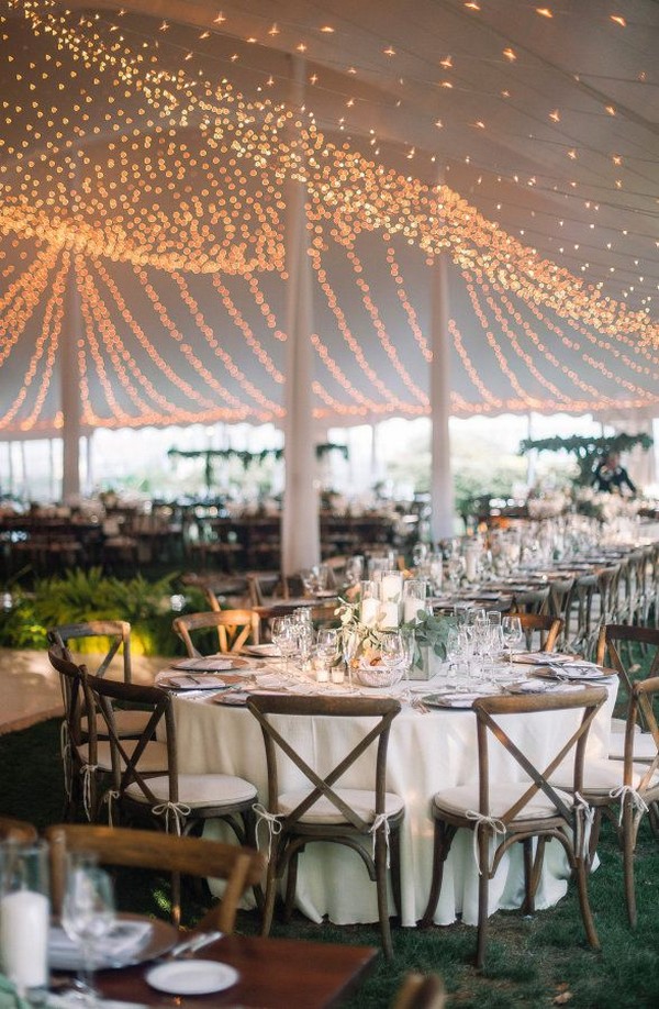rustic tented wedding reception idea with lights