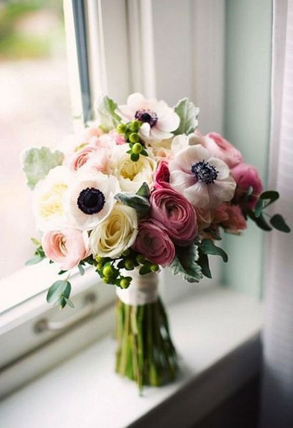 wedding bouquet with white anemones and pink ranunculuses
