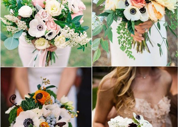 wedding flower trends – white and black anemone wedding flower bouquets
