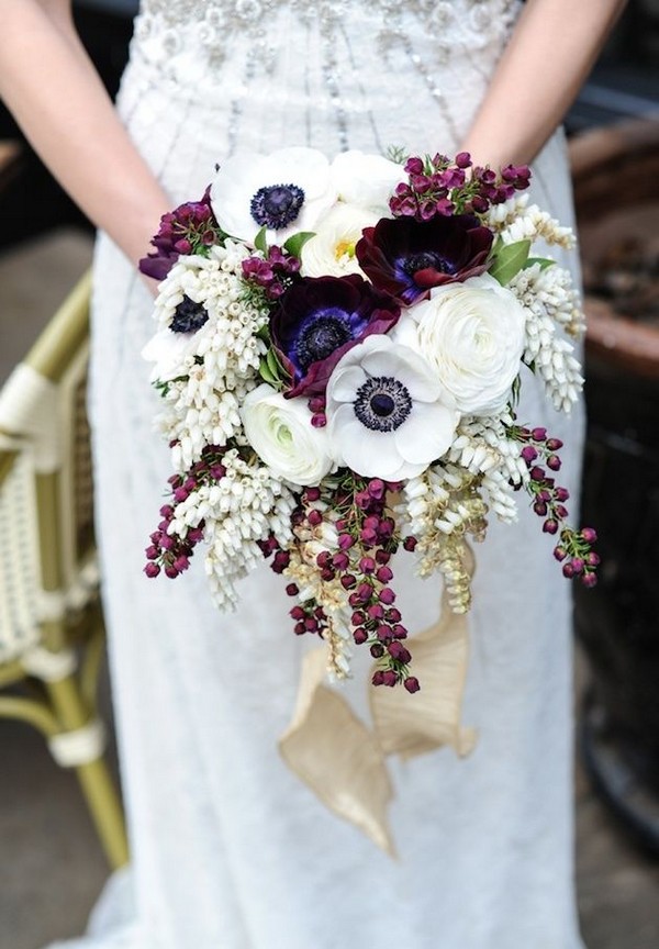 white and plum anemone wedding bouquet