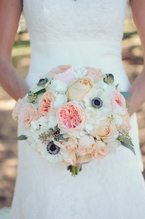 white anemone and pink garden roses wedding bouquet
