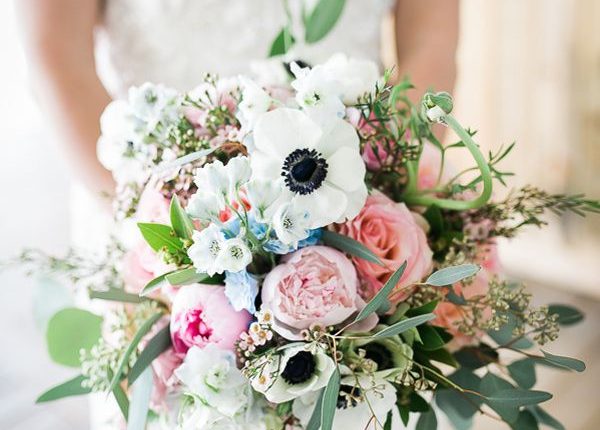 white anemone and pink roses spring wedding bouquet