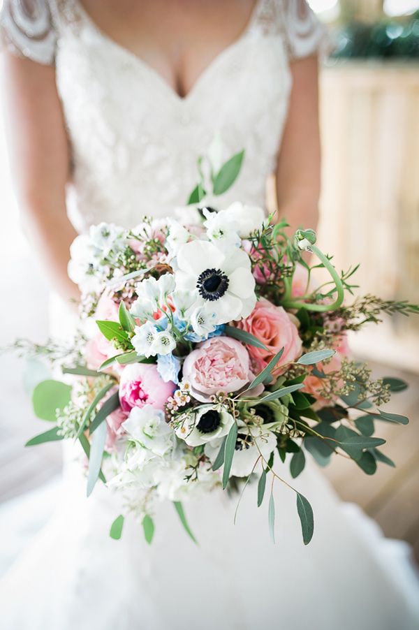 white anemone and pink roses spring wedding bouquet