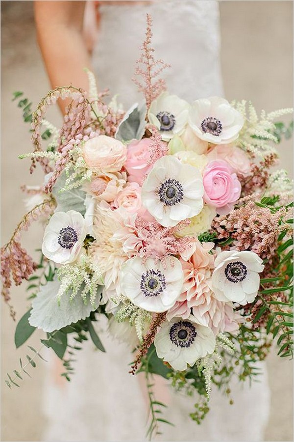 white anemone and pink roses wedding bouquet