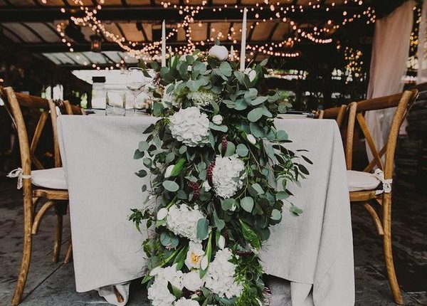 White Hydrangea + Eucalyptus wedding garland centerpiece