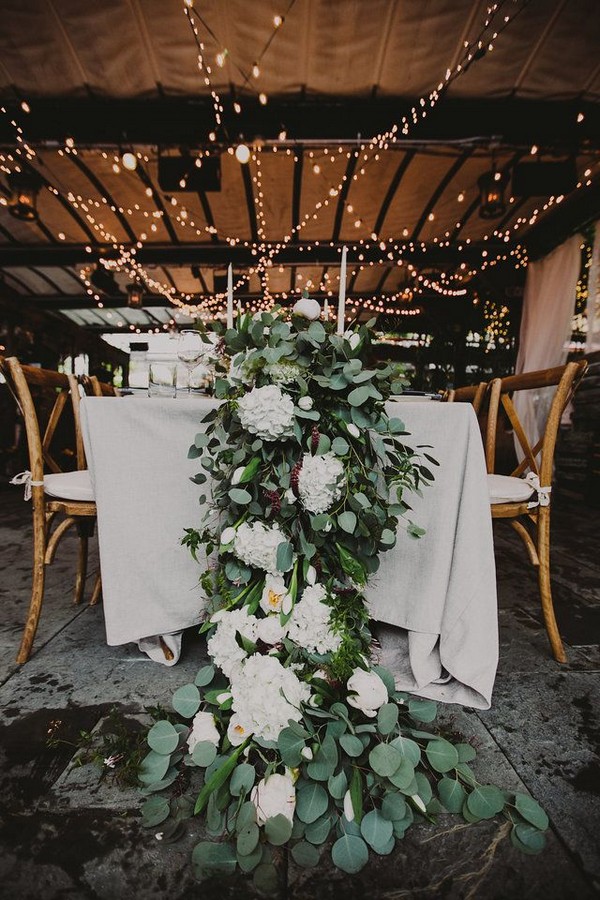 White Hydrangea + Eucalyptus wedding garland centerpiece