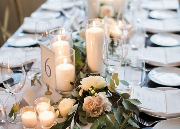candles and greenery leaves wedding centerpiece ideas