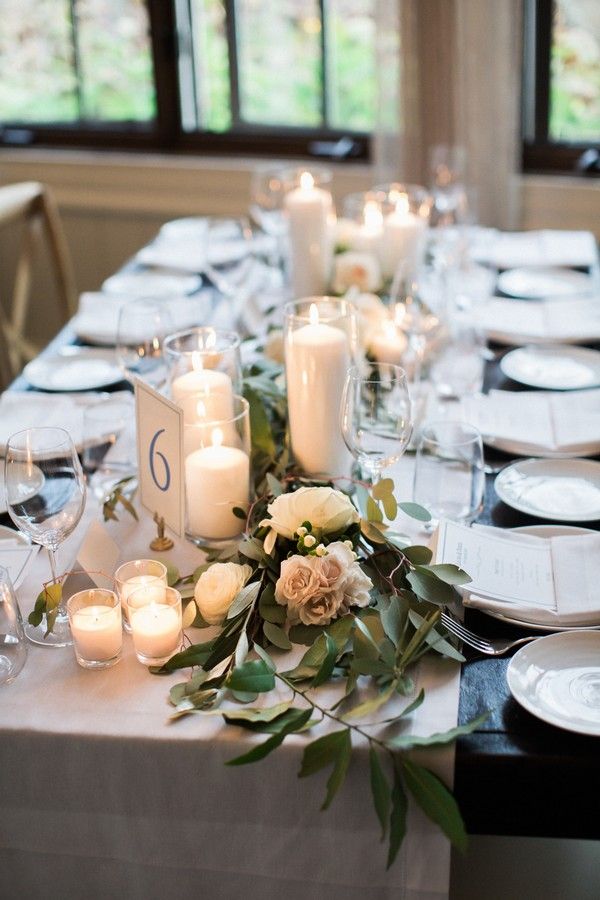 candles and greenery leaves wedding centerpiece ideas