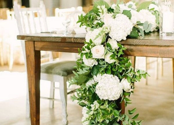 green leave and white floral wedding reception tablescape centerpiece