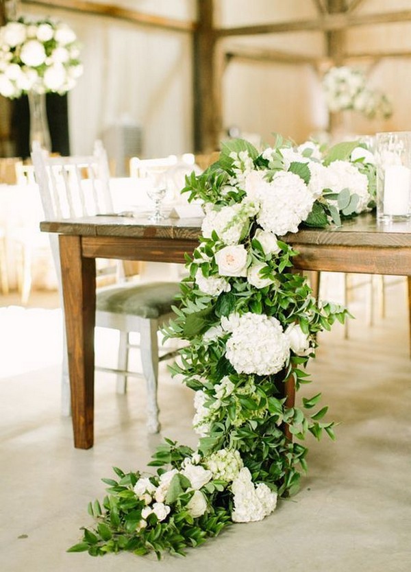 green leave and white floral wedding reception tablescape centerpiece