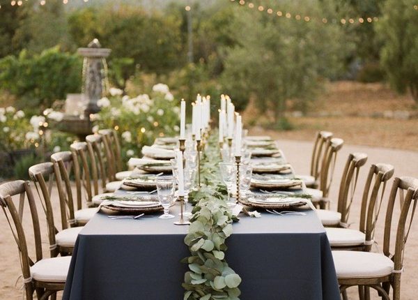 greenery seeded eucalyptus and navy wedding table cover