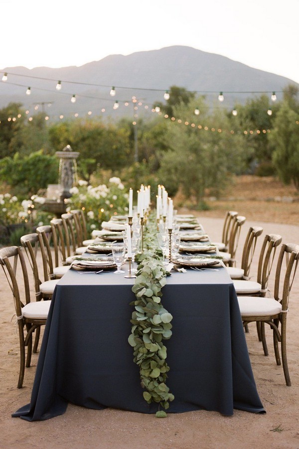 greenery seeded eucalyptus and navy wedding table cover