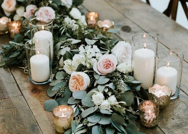 peach blush and greenery garland wedding table setting ideas